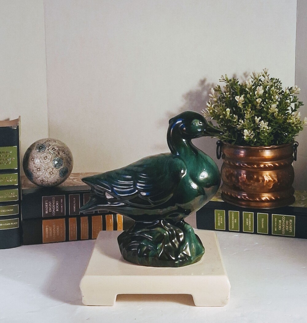 Vintage Blue Mountain Pottery Duck Figurine Green Drip Glaze MCM Canada